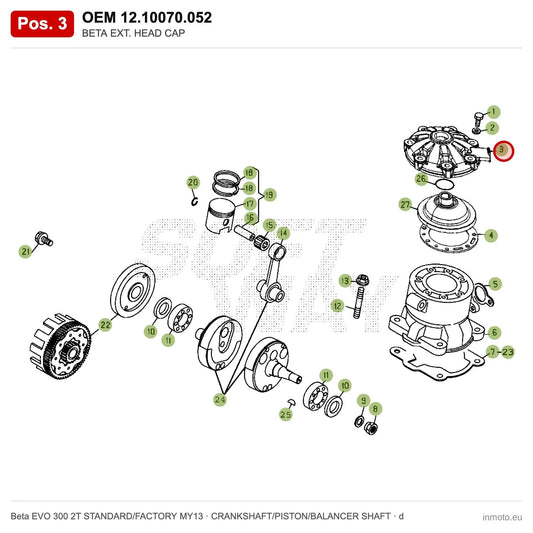BETA EXT. HEAD CAP – OEM 12.10070.052, position 3 on the Beta EVO 300 2T STANDARD/FACTORY MY13 crankshaft/piston/balancer shaft drawing
