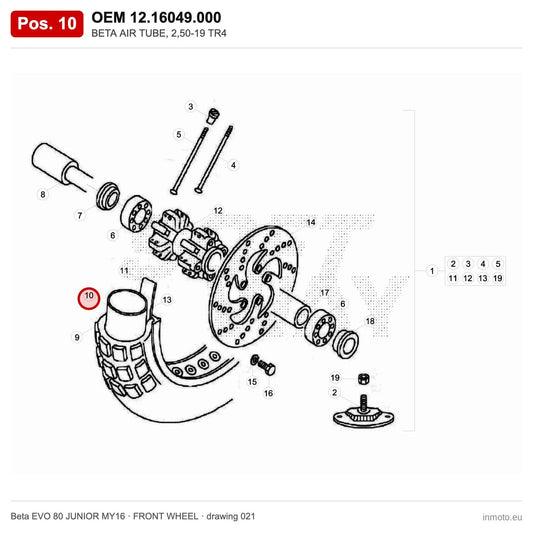 BETA AIR TUBE, 2,50-19 TR4 – OEM 12.16049.000, position 10 on the Beta EVO 80 JUNIOR MY16 front wheel drawing