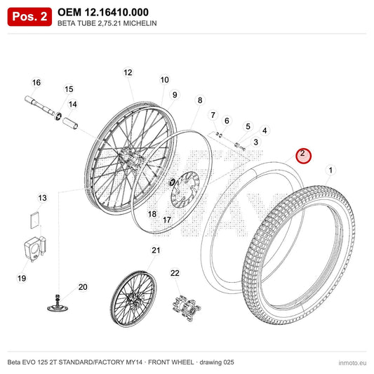 BETA TUBE 2,75.21 MICHELIN – OEM 12.16410.000, position 2 on the Beta EVO 125 2T STANDARD/FACTORY MY14 front wheel drawing