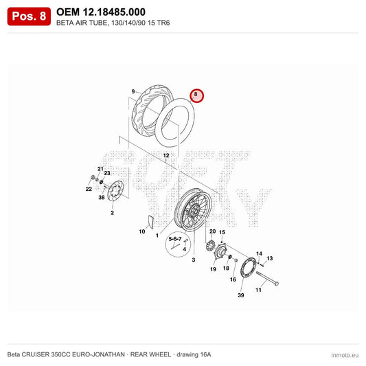 BETA AIR TUBE, 130/140/90 15 TR6 – OEM 12.18485.000, position 8 on the Beta CRUISER 350CC EURO-JONATHAN rear wheel drawing