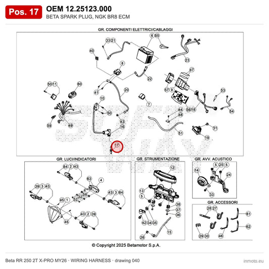 BETA SPARK PLUG, NGK BR8 ECM – OEM 12.25123.000, position 17 on the Beta RR 250 2T X-PRO MY26 wiring harness drawing