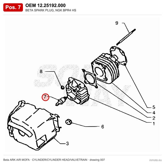 BETA SPARK PLUG, NGK BPR4 HS – OEM 12.25192.000, position 7 on the Beta ARK AIR MOFA cylinder/cylinder head/valvetrain drawing