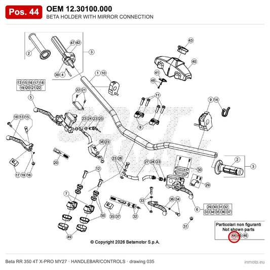 BETA HOLDER WITH MIRROR CONNECTION – OEM 12.30100.000, position 44 on the Beta RR 350 4T X-PRO MY27 handlebar/controls drawing