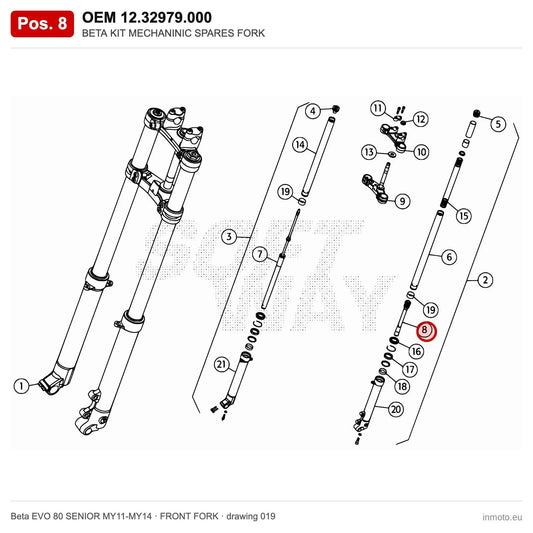 BETA KIT MECHANINIC SPARES FORK – OEM 12.32979.000, position 8 on the Beta EVO 80 SENIOR MY11-MY14 front fork drawing