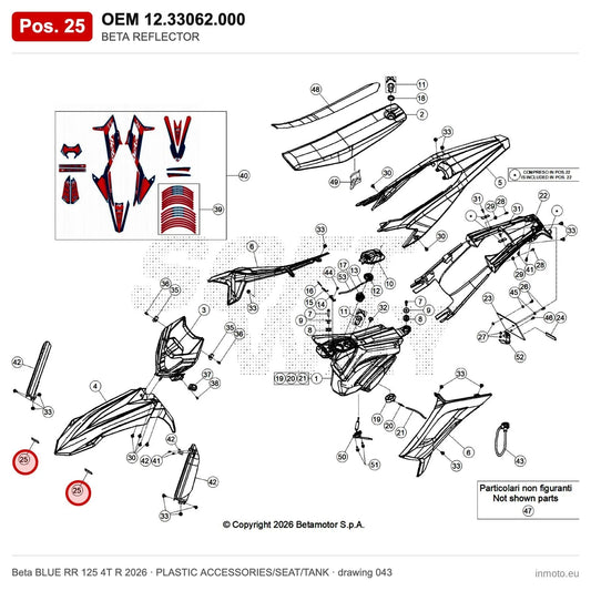 BETA REFLECTOR – OEM 12.33062.000, position 25 on the Beta BLUE RR 125 4T R 2026 plastic accessories/seat/tank drawing