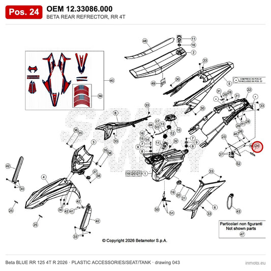 BETA REAR REFRECTOR, RR 4T – OEM 12.33086.000, position 24 on the Beta BLUE RR 125 4T R 2026 plastic accessories/seat/tank drawing