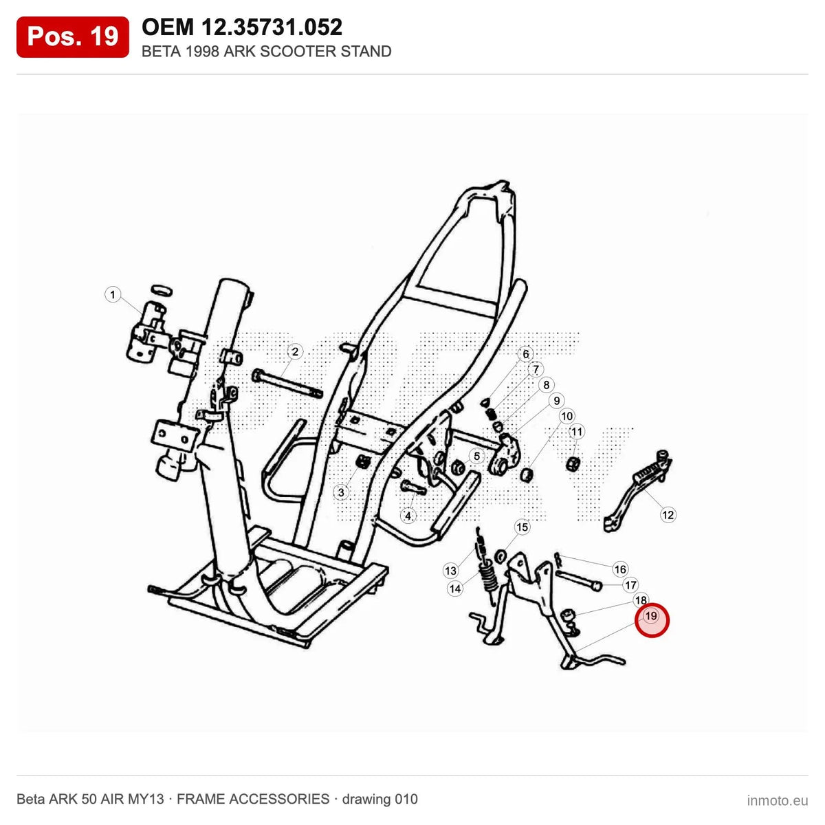 BETA 1998 ARK SCOOTER STAND – OEM 12.35731.052, position 19 on the Beta ARK 50 AIR MY13 frame accessories drawing