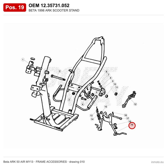 BETA 1998 ARK SCOOTER STAND – OEM 12.35731.052, position 19 on the Beta ARK 50 AIR MY13 frame accessories drawing