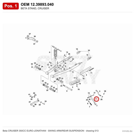 BETA STAND, CRUISER – OEM 12.39893.040, position 1 on the Beta CRUISER 350CC EURO-JONATHAN swing arm/rear suspension drawing