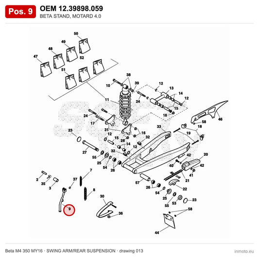 BETA STAND, MOTARD 4.0 – OEM 12.39898.059, position 9 on the Beta M4 350 MY16 swing arm/rear suspension drawing