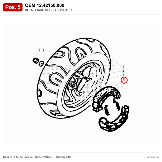BETA BRAKE SHOES SCOOTER – OEM 12.42150.000, position 5 on the Beta ARK 50 AIR MY13 rear wheel drawing