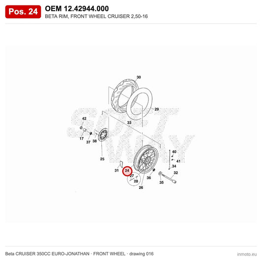 BETA RIM, FRONT WHEEL CRUISER 2,50-16 – OEM 12.42944.000, position 24 on the Beta CRUISER 350CC EURO-JONATHAN front wheel drawing