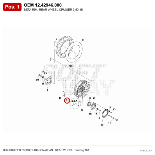 BETA RIM, REAR WHEEL CRUISER 3,50-15 – OEM 12.42946.000, position 1 on the Beta CRUISER 350CC EURO-JONATHAN rear wheel drawing