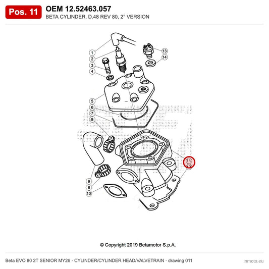 BETA CYLINDER, D.48 REV 80, 2° VERSION – OEM 12.52463.057, position 11 on the Beta EVO 80 2T SENIOR MY26 cylinder/cylinder head/valvetrain drawing