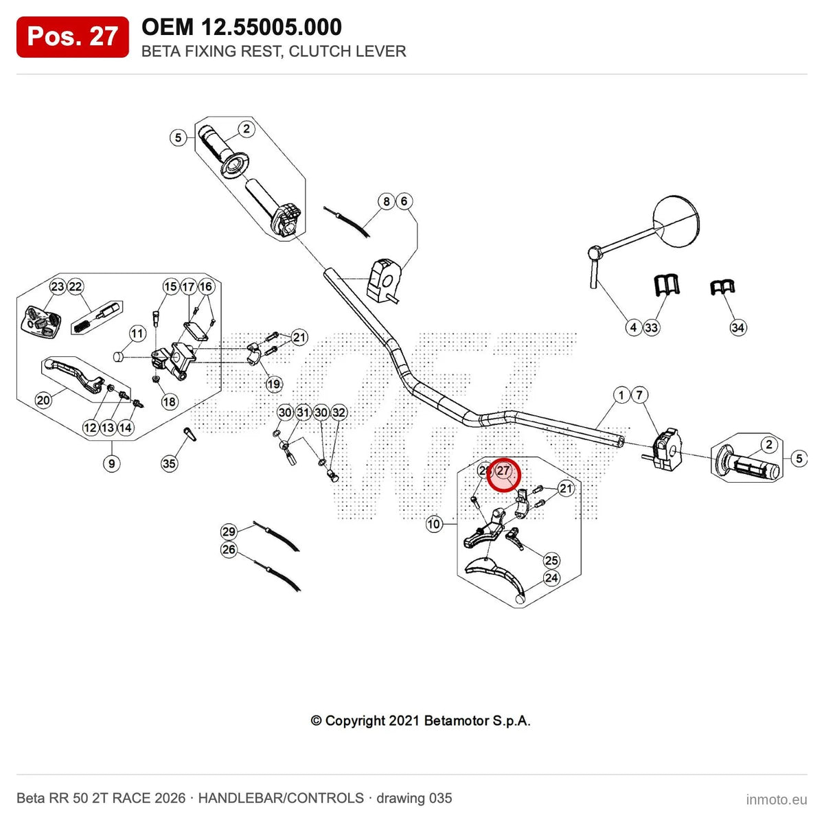 BETA FIXING REST, CLUTCH LEVER – OEM 12.55005.000, position 27 on the Beta RR 50 2T RACE 2026 handlebar/controls drawing
