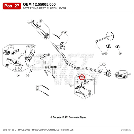 BETA FIXING REST, CLUTCH LEVER – OEM 12.55005.000, position 27 on the Beta RR 50 2T RACE 2026 handlebar/controls drawing