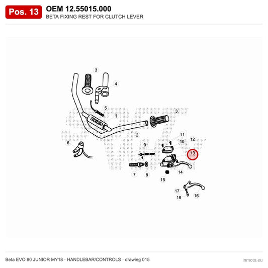 BETA FIXING REST FOR CLUTCH LEVER – OEM 12.55015.000, position 13 on the Beta EVO 80 JUNIOR MY18 handlebar/controls drawing