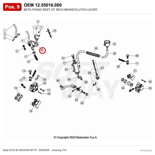 BETA FIXING REST OF REV3 BRAKE/CLUTCH LEVER – OEM 12.55016.000, position 9 on the Beta EVO 80 SENIOR MY15 brakes drawing