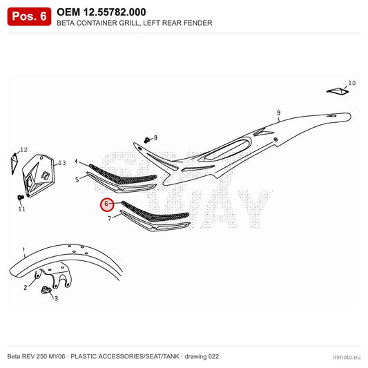 BETA CONTAINER GRILL, LEFT REAR FENDER – OEM 12.55782.000, position 6 on the Beta REV 250 MY06 plastic accessories/seat/tank drawing
