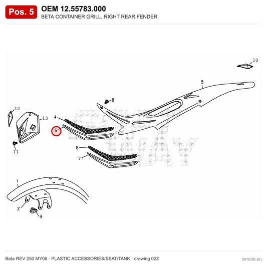BETA CONTAINER GRILL, RIGHT REAR FENDER – OEM 12.55783.000, position 5 on the Beta REV 250 MY06 plastic accessories/seat/tank drawing
