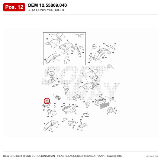 BETA CONVEYOR, RIGHT – OEM 12.55869.040, position 12 on the Beta CRUISER 350CC EURO-JONATHAN plastic accessories/seat/tank drawing
