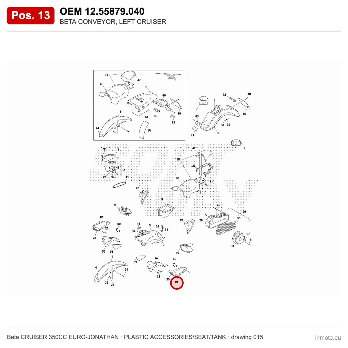 BETA CONVEYOR, LEFT CRUISER – OEM 12.55879.040, position 13 on the Beta CRUISER 350CC EURO-JONATHAN plastic accessories/seat/tank drawing