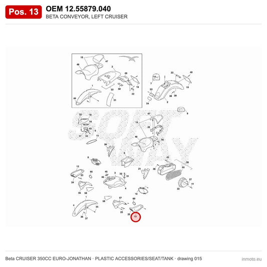 BETA CONVEYOR, LEFT CRUISER – OEM 12.55879.040, position 13 on the Beta CRUISER 350CC EURO-JONATHAN plastic accessories/seat/tank drawing