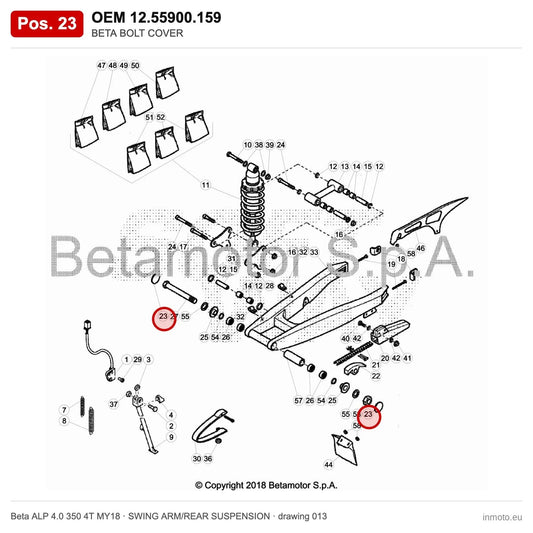 BETA BOLT COVER – OEM 12.55900.159, position 23 on the Beta ALP 4.0 350 4T MY18 swing arm/rear suspension drawing