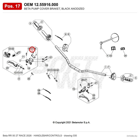 BETA PUMP COVER BRAKET, BLACK ANODIZED – OEM 12.55916.000, position 17 on the Beta RR 50 2T RACE 2026 handlebar/controls drawing