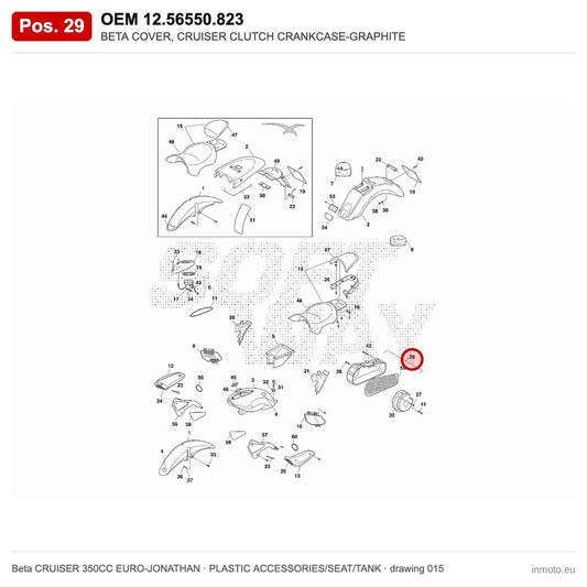 BETA COVER, CRUISER CLUTCH CRANKCASE-GRAPHITE – OEM 12.56550.823, position 29 on the Beta CRUISER 350CC EURO-JONATHAN plastic accessories/seat/tank drawing