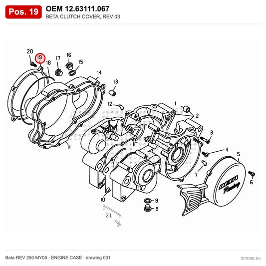BETA CLUTCH COVER, REV 03 – OEM 12.63111.067, position 19 on the Beta REV 250 MY08 engine case drawing