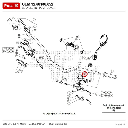 BETA CLUTCH PUMP COVER – OEM 12.68106.052, position 19 on the Beta EVO 300 4T MY26 handlebar/controls drawing