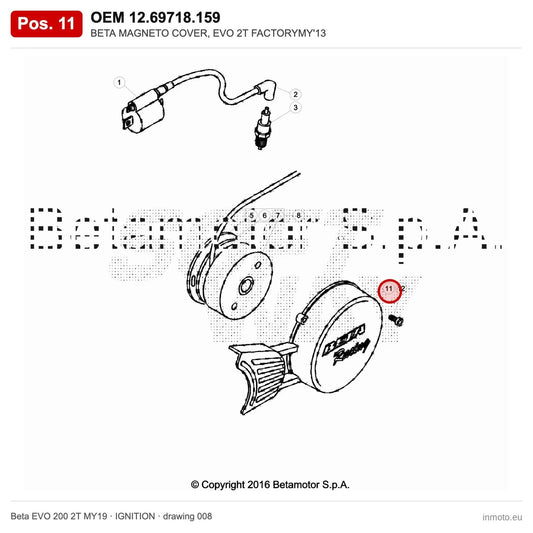BETA MAGNETO COVER, EVO 2T FACTORYMY'13 – OEM 12.69718.159, position 11 on the Beta EVO 200 2T MY19 ignition drawing
