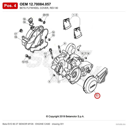 BETA FLYWHEEL COVER, REV 80 – OEM 12.70084.057, position 4 on the Beta EVO 80 2T SENIOR MY26 engine case drawing