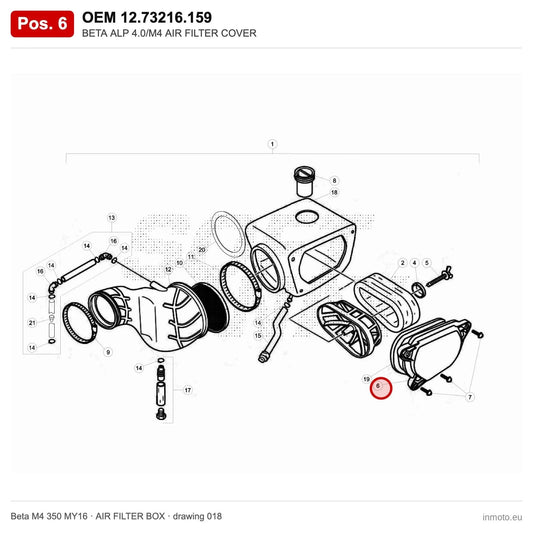 BETA ALP 4.0/M4 AIR FILTER COVER – OEM 12.73216.159, position 6 on the Beta M4 350 MY16 air filter box drawing