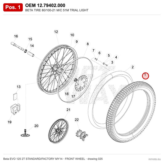 BETA TIRE 80/100-21 M/C 51M TRIAL LIGHT – OEM 12.79402.000, position 1 on the Beta EVO 125 2T STANDARD/FACTORY MY14 front wheel drawing