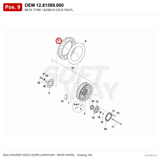 BETA TYRE 140/90/15 C915 70HTL – OEM 12.81589.000, position 9 on the Beta CRUISER 350CC EURO-JONATHAN rear wheel drawing