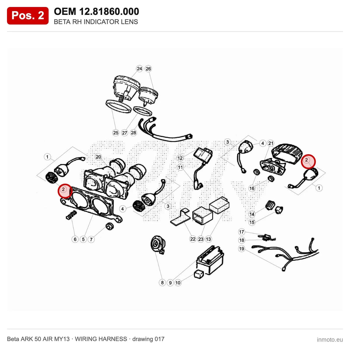 BETA RH INDICATOR LENS – OEM 12.81860.000, position 2 on the Beta ARK 50 AIR MY13 wiring harness drawing