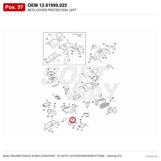 BETA COVER PROTECTION, LEFT – OEM 12.81999.025, position 57 on the Beta CRUISER 350CC EURO-JONATHAN plastic accessories/seat/tank drawing