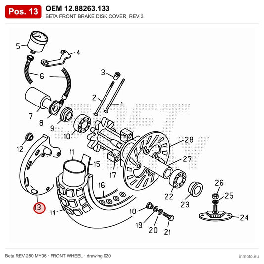 BETA FRONT BRAKE DISK COVER, REV 3 – OEM 12.88263.133, position 13 on the Beta REV 250 MY06 front wheel drawing