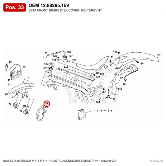 BETA FRONT BRAKE DISK COVER, REV 3/REV 4T – OEM 12.88265.159, position 33 on the Beta EVO 80 SENIOR MY11-MY14 plastic accessories/seat/tank drawing