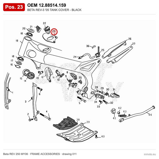 BETA REV-3 '05 TANK COVER - BLACK – OEM 12.88514.159, position 23 on the Beta REV 250 MY06 frame accessories drawing