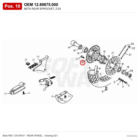 BETA REAR SPROCKET, Z.55 – OEM 12.89675.000, position 10 on the Beta REV 125 MY07 rear wheel drawing