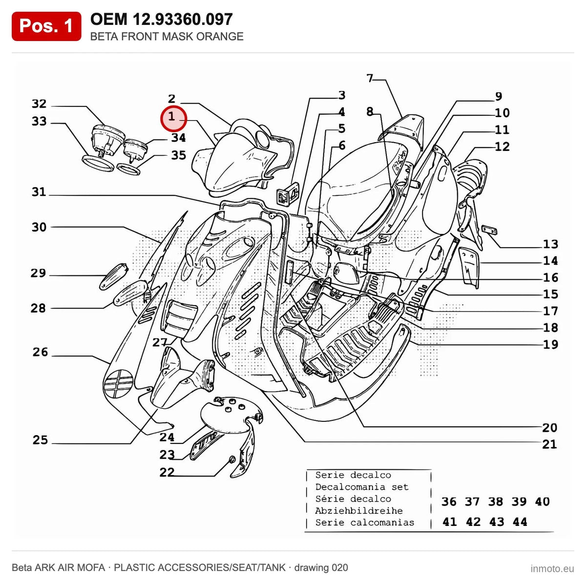BETA FRONT MASK ORANGE – OEM 12.93360.097, position 1 on the Beta ARK AIR MOFA plastic accessories/seat/tank drawing