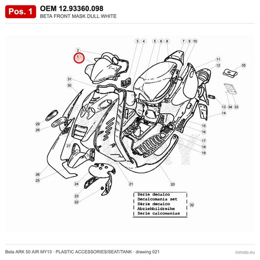 BETA FRONT MASK DULL WHITE – OEM 12.93360.098, position 1 on the Beta ARK 50 AIR MY13 plastic accessories/seat/tank drawing