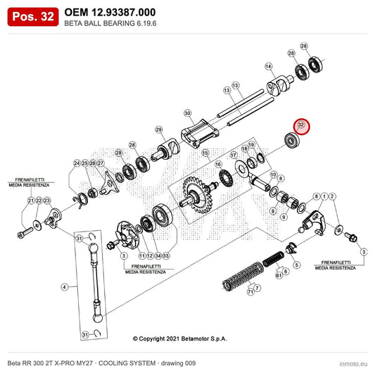 BETA BALL BEARING 6.19.6 – OEM 12.93387.000, position 32 on the Beta RR 300 2T X-PRO MY27 cooling system drawing