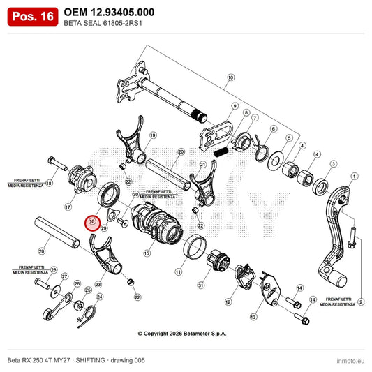 BETA SEAL 61805-2RS1 – OEM 12.93405.000, position 16 on the Beta RX 250 4T MY27 shifting drawing