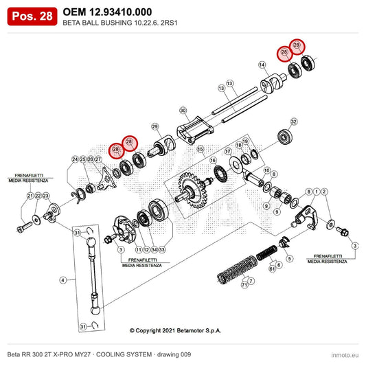 BETA BALL BUSHING 10.22.6. 2RS1 – OEM 12.93410.000, position 28 on the Beta RR 300 2T X-PRO MY27 cooling system drawing