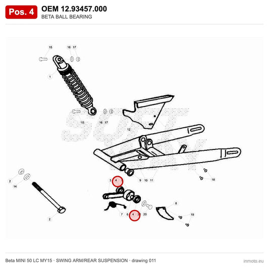 BETA BALL BEARING – OEM 12.93457.000, position 4 on the Beta MINI 50 LC MY15 swing arm/rear suspension drawing