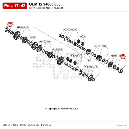 BETA BALL BEARING 15.35.11 – OEM 12.94000.000, positions 17,42 on the Beta EVO 125 2T MY25 gearbox drawing